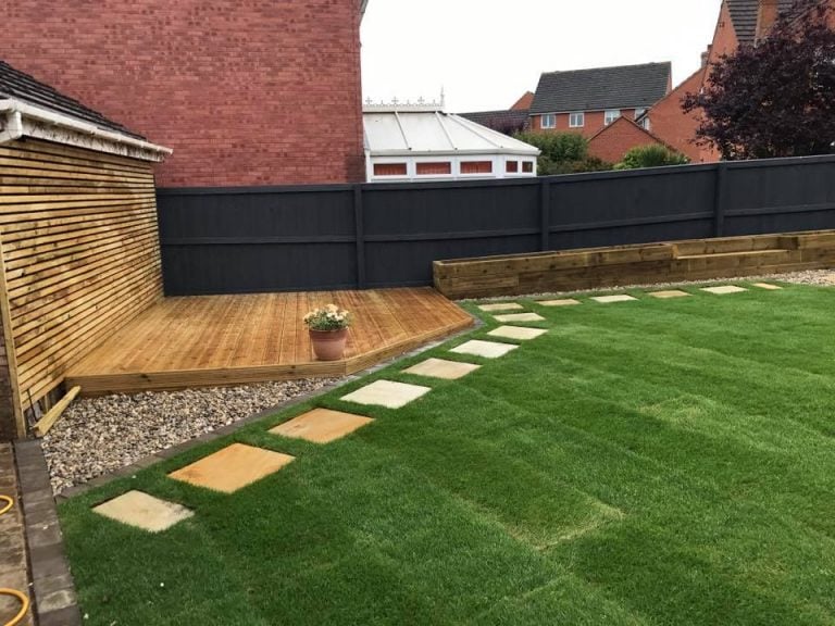 Astroturfed garden with paving slabs, Turfing, Landscaping design, paving and walls, decking, block paving and driveway, planting, ponds and water features, gates and fences, garden sheds, patios and terraces in Calne, Devizes