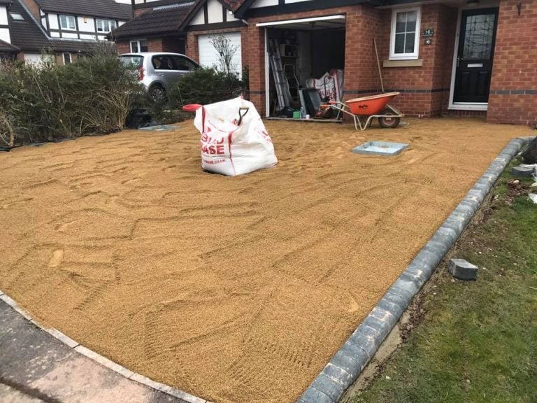 Stone driveway paving before with modern building and garage, Turfing, Landscaping design, paving and walls, decking, block paving and driveway, planting, ponds and water features, gates and fences, garden sheds, patios and terraces in Calne, Devizes